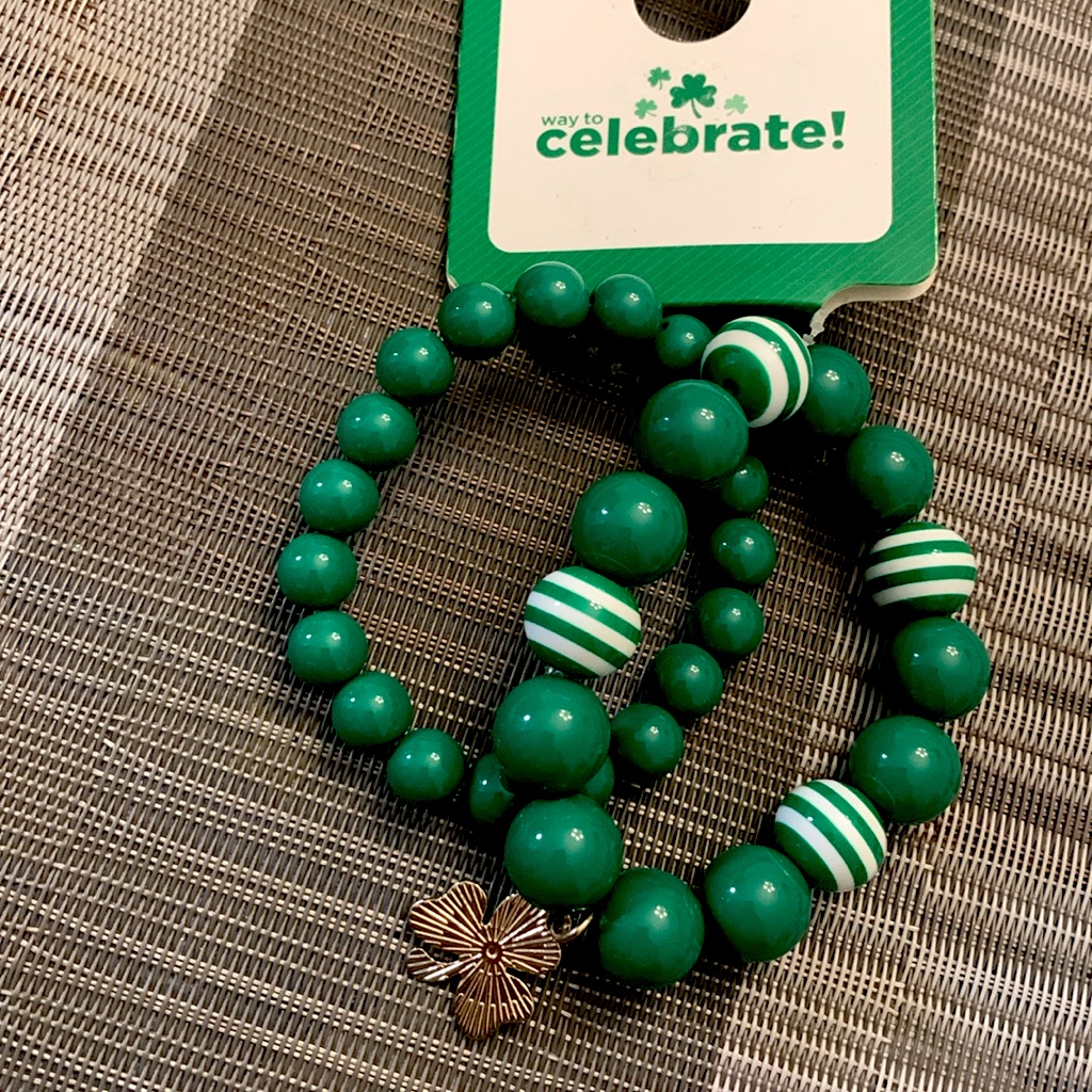 St Patrick’s Day Bracelets Green Beads Shamrock Gold Tone Charm New